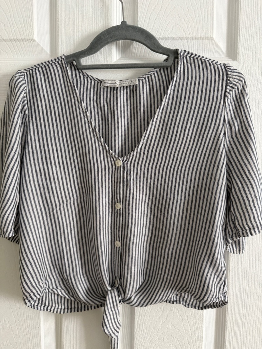 Abercrombie & Fitch Black and White Striped Tie-Front V-Neck Blouse